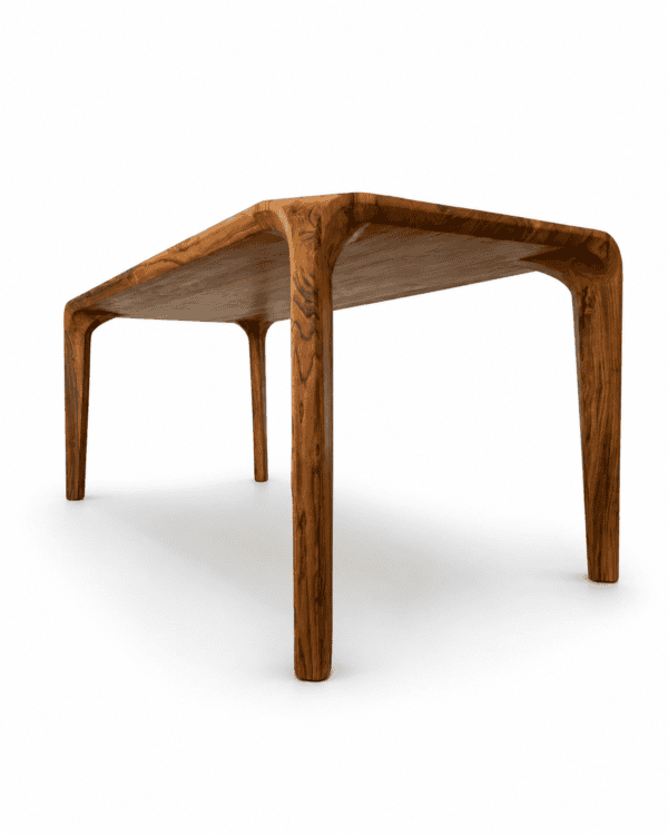 Comedor MARA en madera maciza de nogal cafetero, vista en perspectiva