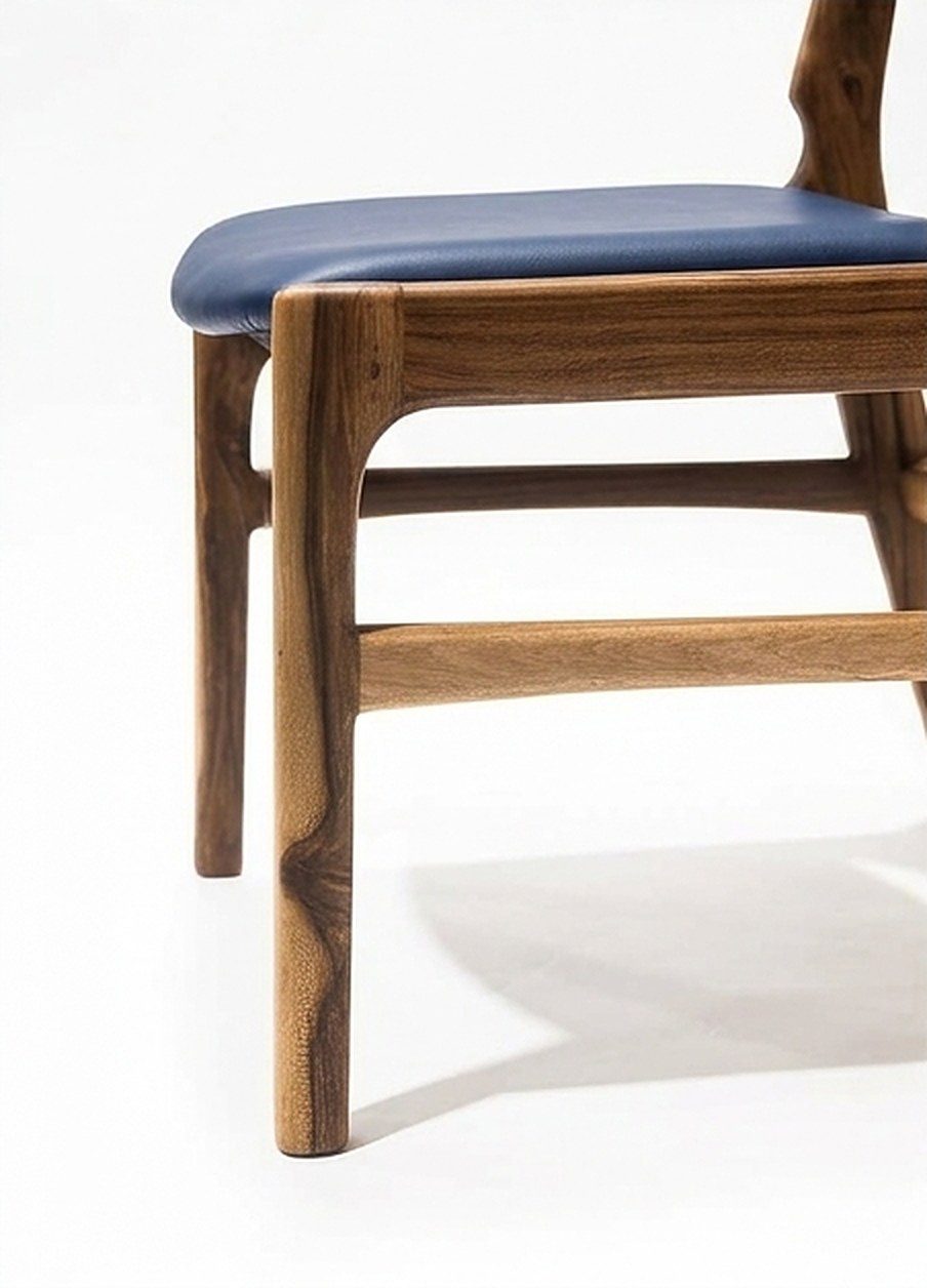Silla AALTO en madera maciza de nogal cafetero tapizada en cuero sintético azul oscuro, detalle del asiento y la estructura, hecha a mano por Canorá en Bogotá