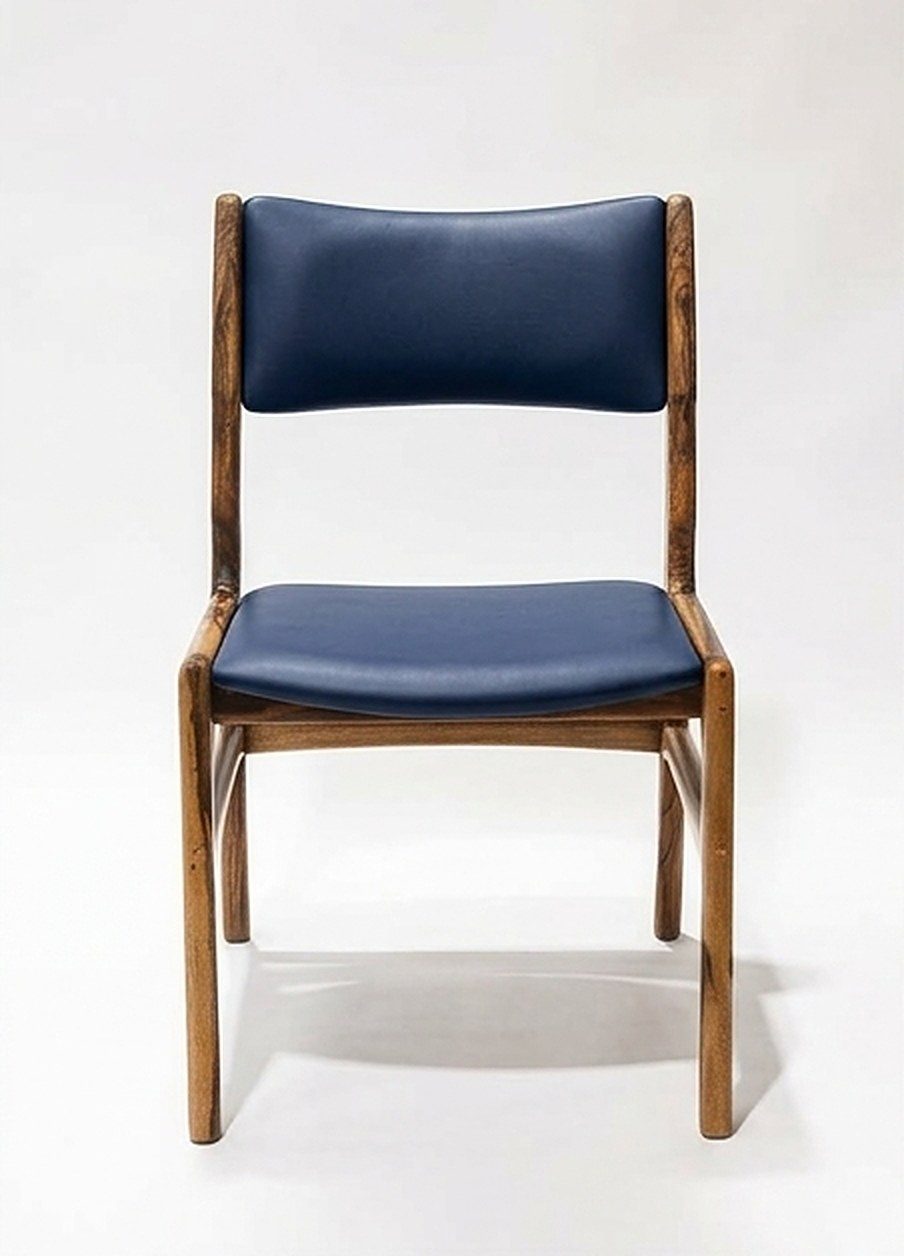 Silla AALTO en madera maciza de nogal cafetero tapizada en cuero sintético azul oscuro, vista frontal, hecha a mano por Canorá en Bogotá